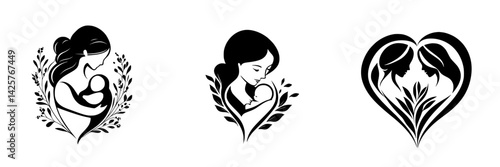 Black icon design showcasing maternal love through elegant silhouettes of mothers and children surrounded by nature elements