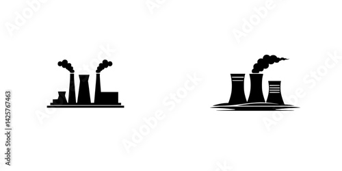 Set of black icons depicting industrial power plants with smokestacks, representing energy production and environmental impact
