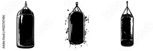 Set of three black punching bags in varying designs, showcasing fitness and sports equipment for boxing training sessions