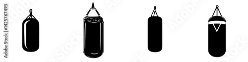 Four distinct black icons of various styles of boxing bags arranged in a row for fitness and sports representation