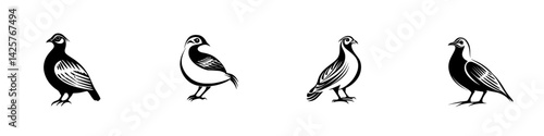 Black icon set featuring various bird silhouettes in simplistic design, ideal for graphic use and branding