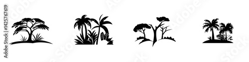 Set of black tree icons representing various tropical plant species for graphic design and decoration purposes