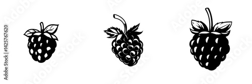 Set of black icons depicting various styles of blackberries arranged in a row with distinct shapes and leaf details for graphic design use