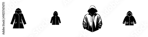 Black icon set featuring various styles of hooded jackets and coats displayed in a clear and minimalistic design