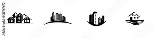 Black icons representing various building types in a minimalist design perfect for urban planning presentations and architectural projects