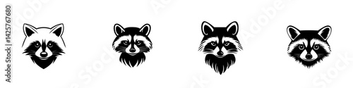 Black icons depicting various raccoon heads in minimalist style suitable for designs