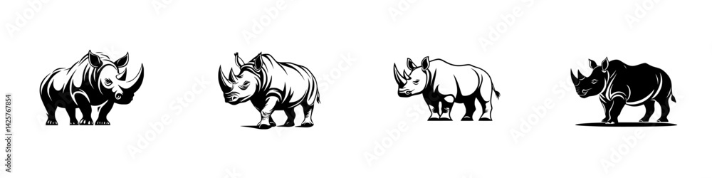 Black icon illustrations of rhinoceroses showcasing different poses and designs in a minimalist artistic style Black icon illustrations of rhinoceroses showcasing different poses and designs in a minimalist artistic style