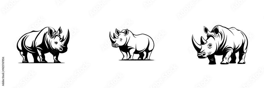 Set of black rhino icons designed for wildlife conservation themes or educational materials showcasing these endangered species Set of black rhino icons designed for wildlife conservation themes or educational materials showcasing these endangered species