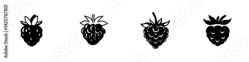 Black icon set featuring various raspberry designs in simple and modern style for creative projects