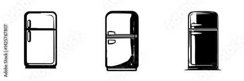 Black icon set of three refrigerator designs showcasing different styles and shapes for various kitchen themes