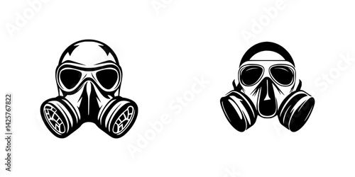 Black icons of gas masks representing safety and protection against hazardous environments