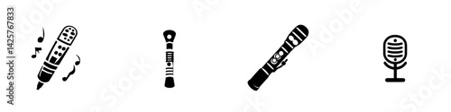 Set of black icons representing various musical instruments and sound equipment for creative projects and digital design