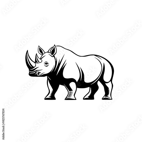 Detailed black icon of a rhinoceros in a minimalist style showcasing its distinctive features and powerful stance, ideal for design projects