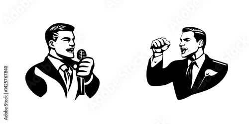 Stylized black icons depicting a man speaking into a microphone and another man gesturing passionately while wearing a suit