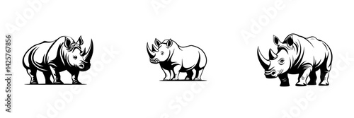 Set of black rhino icons designed for wildlife conservation themes or educational materials showcasing these endangered species