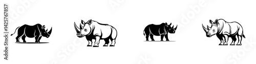 Black icons of rhinos in various poses showcasing their unique characteristics and strength
