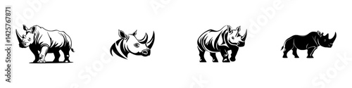 Black icon set of rhinoceros illustrations showcasing various designs and styles for wildlife themes