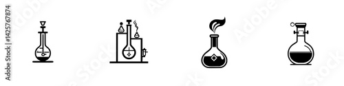 Collection of black laboratory icons representing various scientific instruments and experiments in a clean design