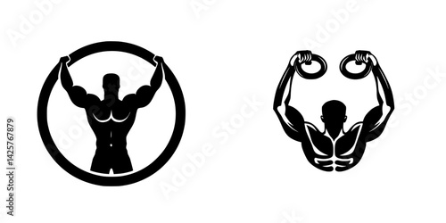 Strong black icons depicting muscular figures engaging in fitness activities with gym equipment