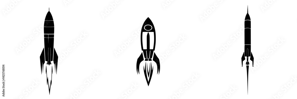 Black rocket icons in various designs showcasing different shapes and details for creative projects Black rocket icons in various designs showcasing different shapes and details for creative projects