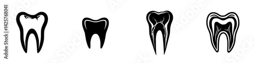 Set of black dental icons illustrating various tooth designs for medical or educational purposes