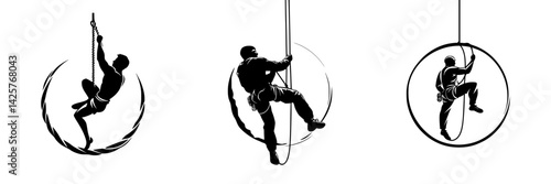 Set of black icons depicting climbing activities with ropes and circular apparatus in a minimalist design