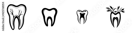 Set of black dental icons representing tooth shapes and designs for healthcare applications and branding in dentistry