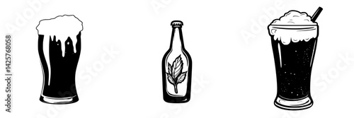 Black icons of beer mugs and a bottle showcasing different styles of craft beer representation in a minimalist design