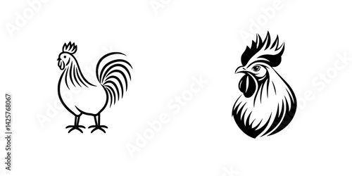 Black icon illustrations of roosters showcasing distinct styles and designs for artistic purposes
