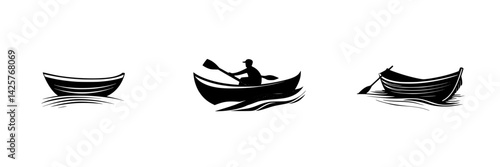 Set of black icons featuring boats in various styles, showcasing a canoeist and different rowing movements on water