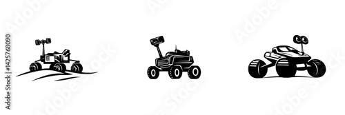 Stylized black icons of rovers in various designs showcasing their functionality and adaptability in exploration