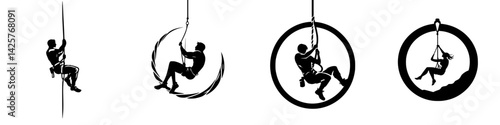 Dynamic black icons of climbers showcasing various climbing techniques and movements on different apparatuses