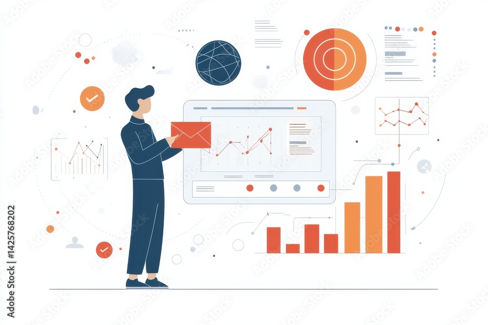 Man analyzing data visualization with bar graphs and envelope communication Man analyzing data visualization with bar graphs and envelope communication