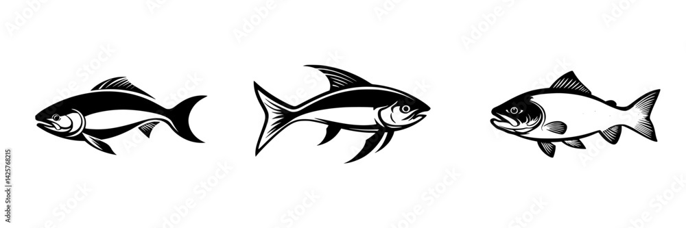 Set of black icons depicting various fish silhouettes for design purposes Set of black icons depicting various fish silhouettes for design purposes