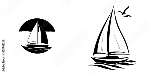 Black icon designs of sailing boats, featuring nautical themes and minimalist aesthetics for various uses