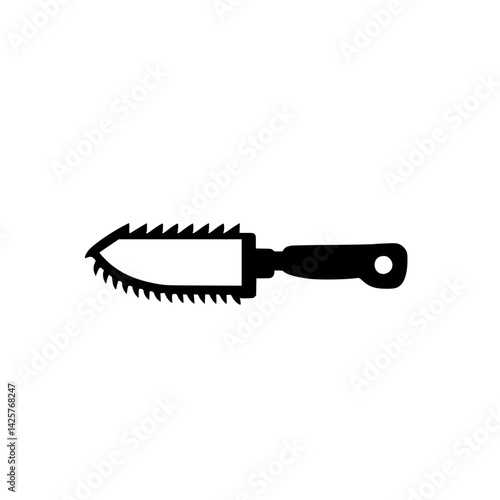 Black icon of a serrated hand tool with a curved blade, used for cutting or shaping materials during crafts or gardening activities