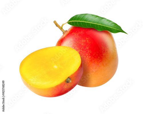Ripe mango with leaf isolated on white background.