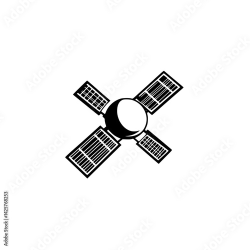 Icon representing a black satellite with solar panels in a minimalist design and stylized appearance