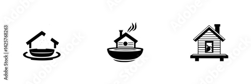 Black icons representing home and comfort with steam rising from bowls, highlighting warmth and coziness in various forms
