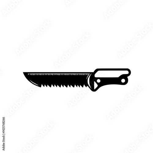 Black icon of a saw with a serrated edge and a sturdy handle used for cutting materials