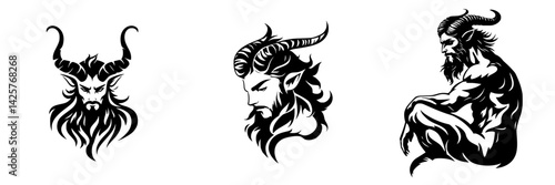 Black icon set depicting various stylized figures with horns and elaborate hairstyles, showcasing unique artistic designs and expressions