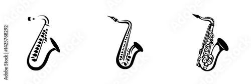 Set of black saxophone icons showcasing different designs and styles for graphic use in music-related projects