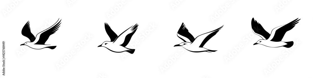 Fototapeta premium Black icons of birds in flight showing various wing positions and movements over a minimalist background