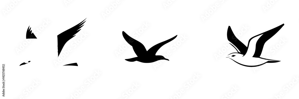 Fototapeta premium Black icon set featuring various bird silhouettes in flight over a simple background