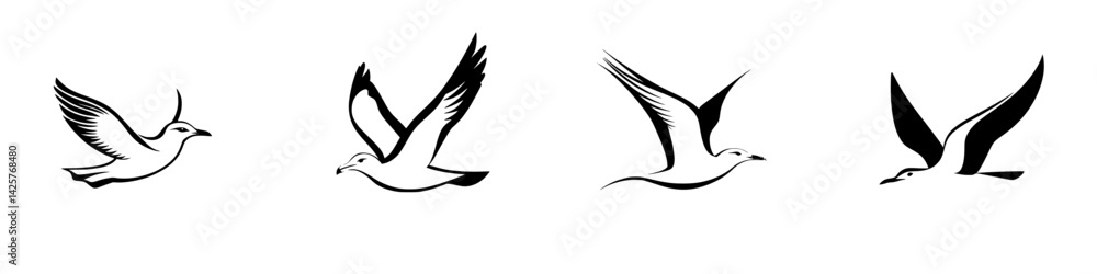 Fototapeta premium Black icon set of flying birds showcasing various wing positions and styles in a minimalist design