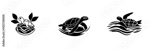 Black icon set featuring turtle nest, swimming turtle, and turtle with leaves