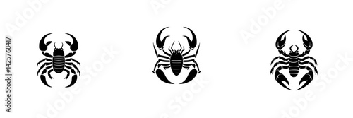 Set of three distinct black icons of scorpions for design and illustration purposes