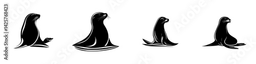 Stylized black icons of seals depicting various poses and expressions in a minimalist design