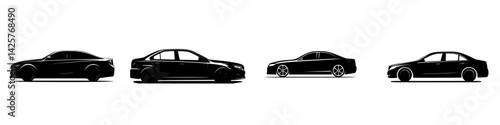 Silhouetted black car icons arranged in a row with varying designs and profiles for modern vehicle illustration