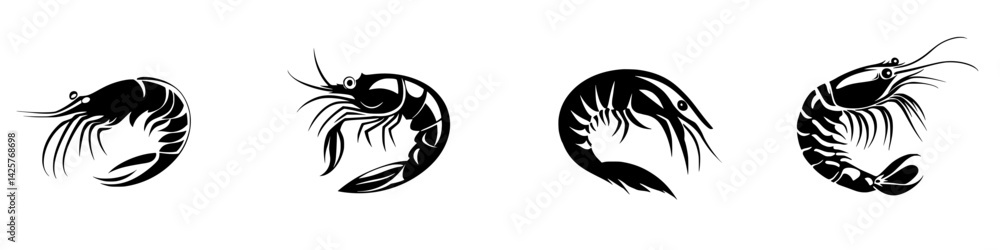 Illustrative set of black shrimp icons showcasing various poses and angles for seafood-related designs Illustrative set of black shrimp icons showcasing various poses and angles for seafood-related designs